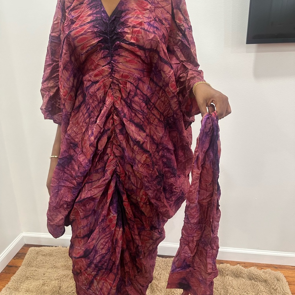 Vibrant Purple and Pink Tie-Dye Dress with Scarf